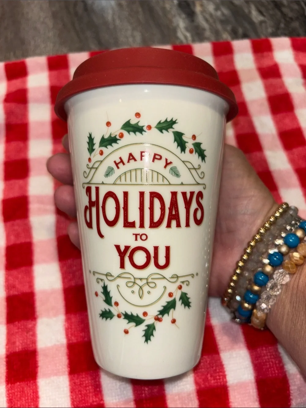 Lenox Christmas porcelain travel tumbler good used shape